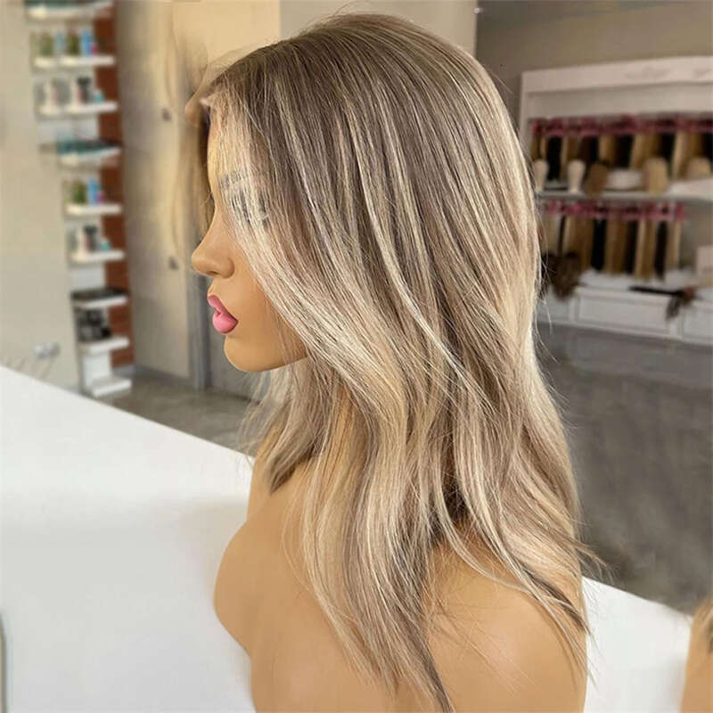 Ash Blonde Lace Front Ombre Roots Melted Straight Bob Wig Heat Resistant Synthetic Wigs For White Women Glueless Preplucked