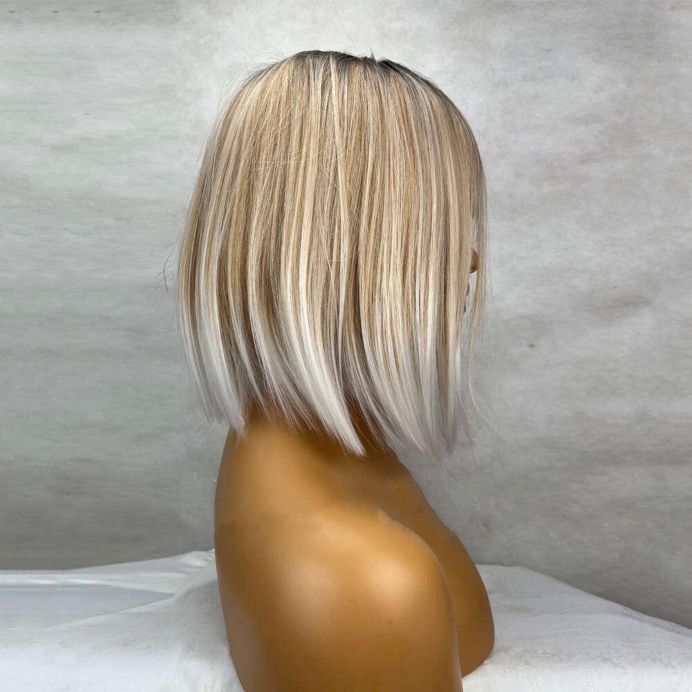 Short Ash Blonde Synthetic White Balayage Highlights Bob 12 Inch Straight Center Parting 150% Density Bangs Wig