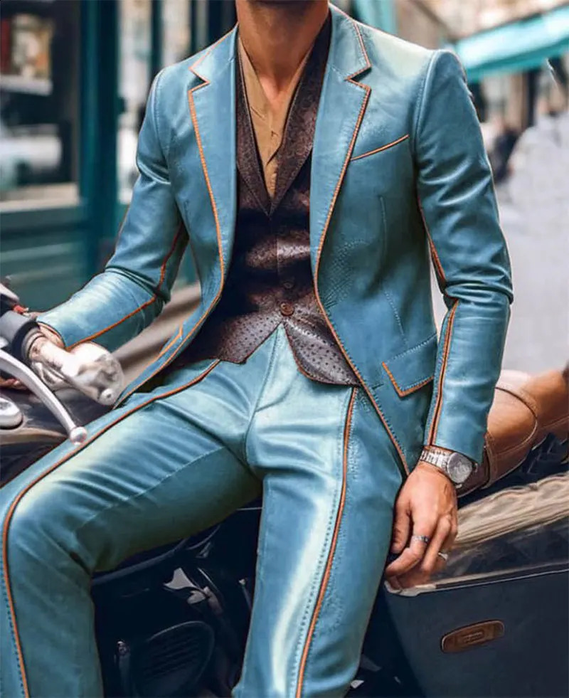 Men Suit Slim Fit Blazer Pants 2Pcs Set Contrast Trim Notch Lapel PU Leather Jacket Male Business Casual Prom Suit Moto style 240909