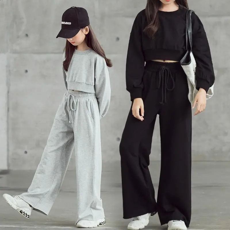 Winter Childrens Track and Field Clothing Childrens Clothing Casual Crop Top T-shirtWide Leg Pants Set Youth 7 8 to 10 12 Years Old 240913