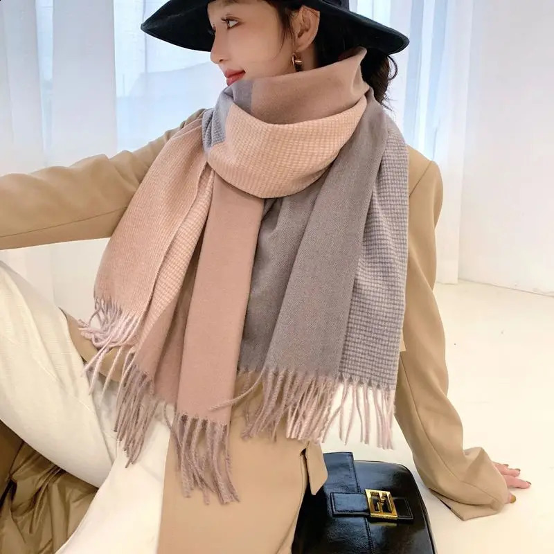 Double Sided Plaid Winter Women Cashmere Scarf Pashmina Shawls And Wraps Female Foulard Hijab Wool Stoles Head Scarves 240909