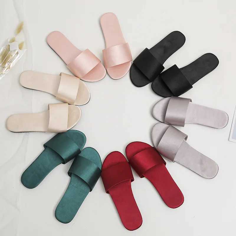 Summer New Home Slippers Fashion Flat Casual Satin Simulation Silk Slippers Indoor Non-slip Peep Toe Slides Wedding Flip Flops M250505