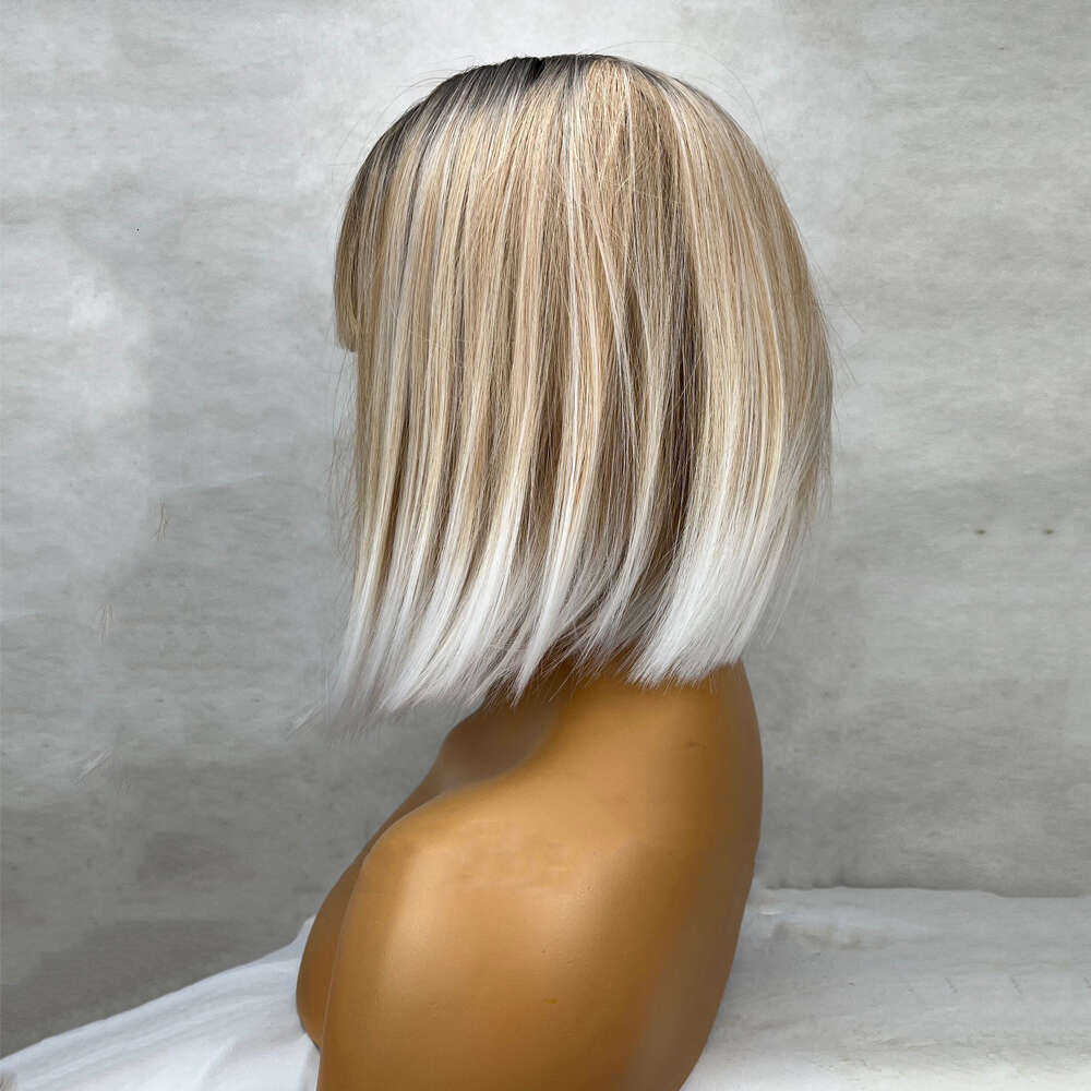 Short Ash Blonde Synthetic White Balayage Highlights Bob 12 Inch Straight Center Parting 150% Density Bangs Wig