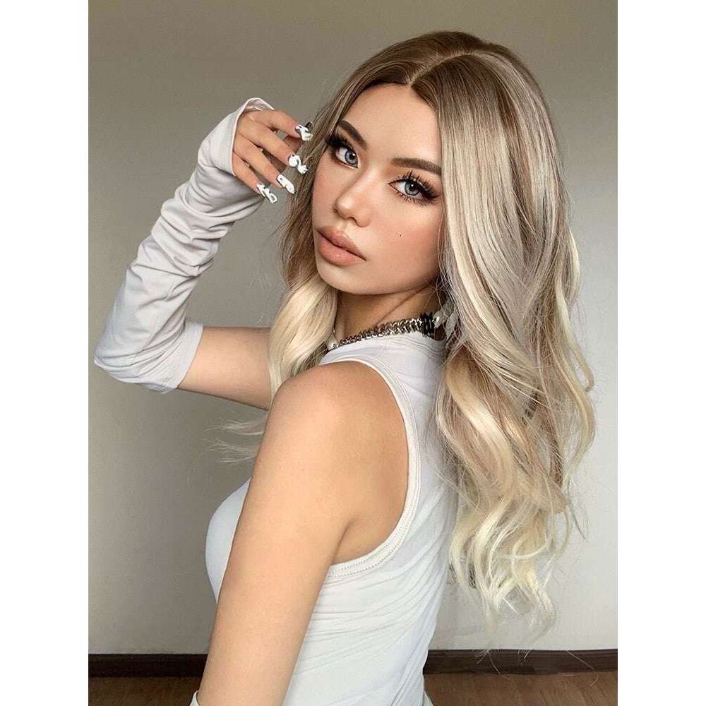 Highlight Synthetic Lace Front Dark Ash Blonde Layered Wavy Wig Human Hair Wigs 10% Mixed Heat Resistant Daily Cosplay