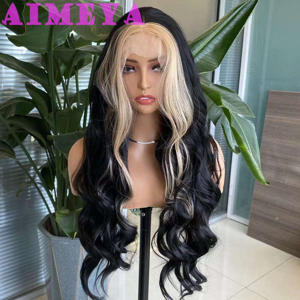 AIMEYA Black Wig With Blonde Highlights Long Body Wave Lace Front Synthetic Hair Wigs For Women Daily Use Cosplay