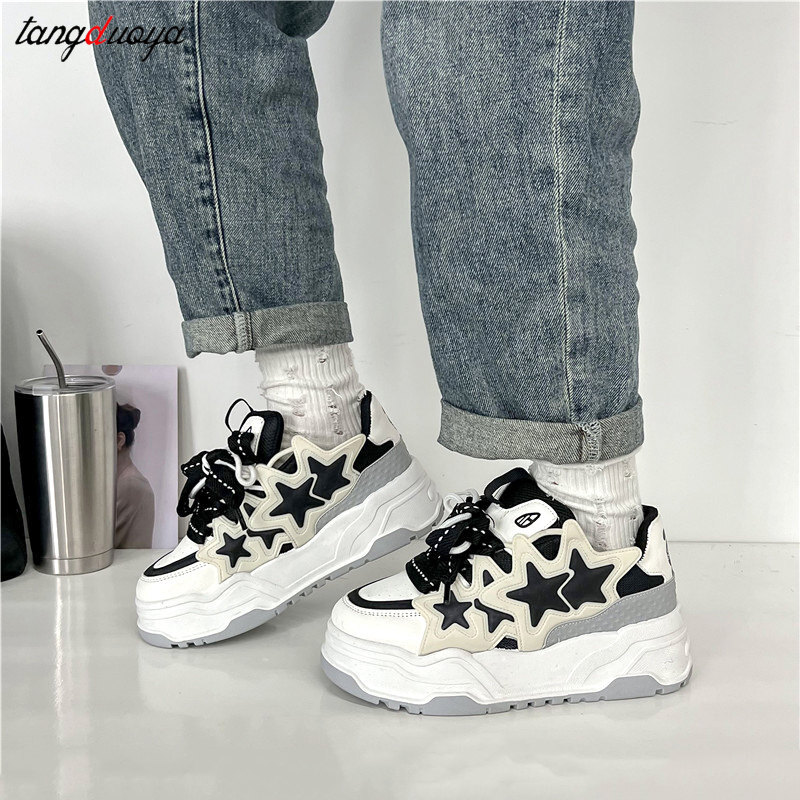 White black Platform Sports Shoes cute star Sneakers Women Fashion Casual Tennis shoes Haruku Thick-sole Vulcanized shoe