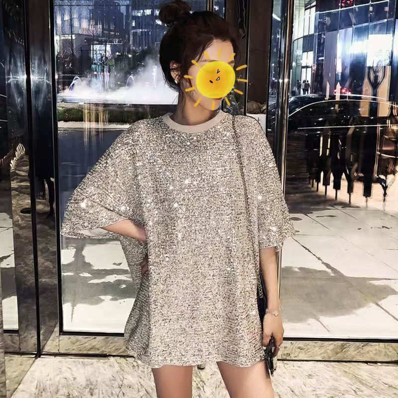 Korean version of spring and summer long bf wind loose half sleeve sequins thick designer T-shirt shirt shiny loose dress.
