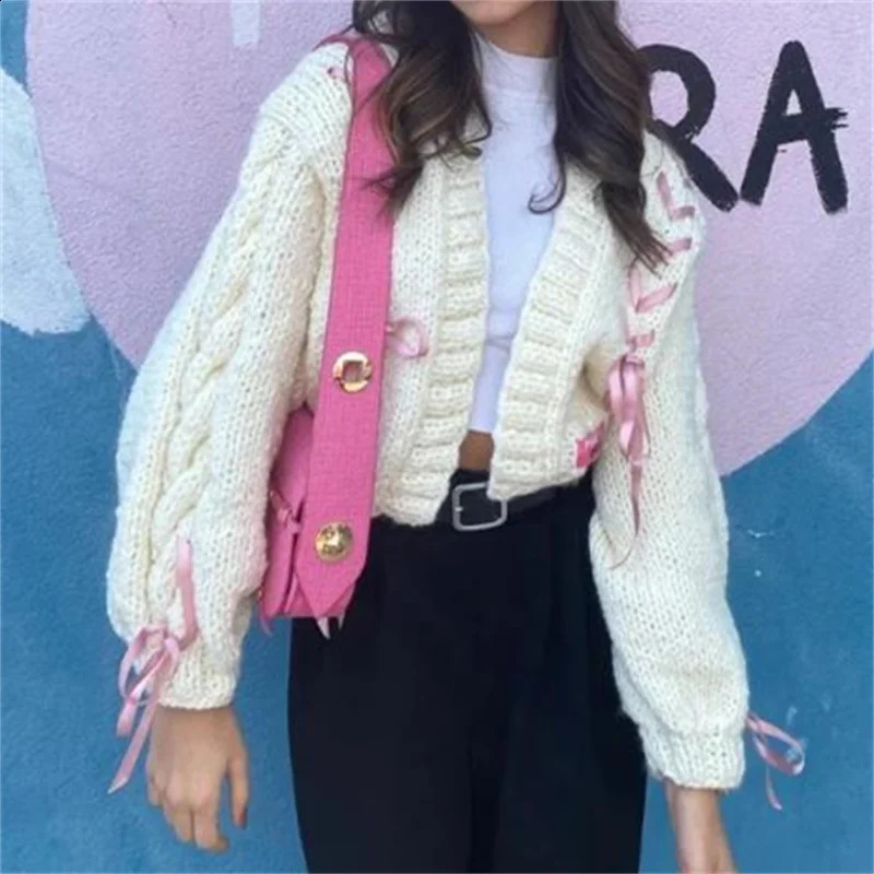 Chic Knitwear Cardigan Vintage Ribbon Bow Tie Up Knitted Sweater Women Y2k Aesthetic Harajuku Long Sleeve Outwear Autumn Winter 240904