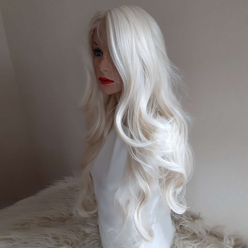 Heat Resistant Synthetic Hair Snow White Lace Front Wig Long Layered Wavy Women Wigs Perfect For Daily Use/Party Thick Density