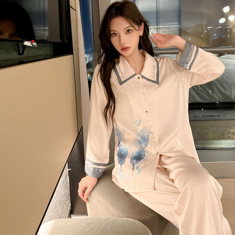 Fashionable Ice Silk Pama Women's Spring Summer Long Sleeve Satin Trousers Lapel Butterfly Print Breathable Pyjamas Sets