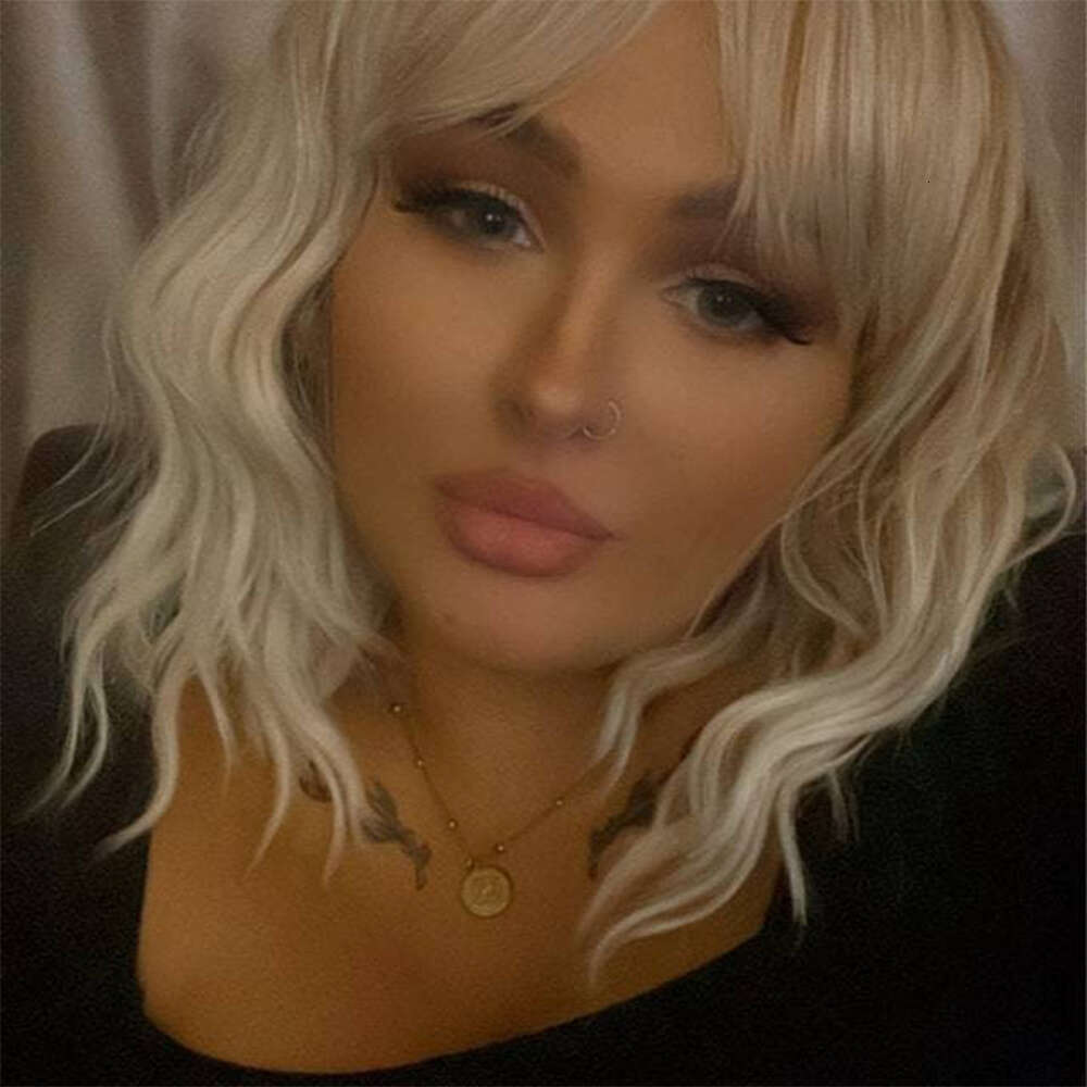Ash Blonde Brown Balayage Highlights Strea 14 Inch Bob Wavy Lace Front Fringe Bangs Womens Wig Eye Catching Short