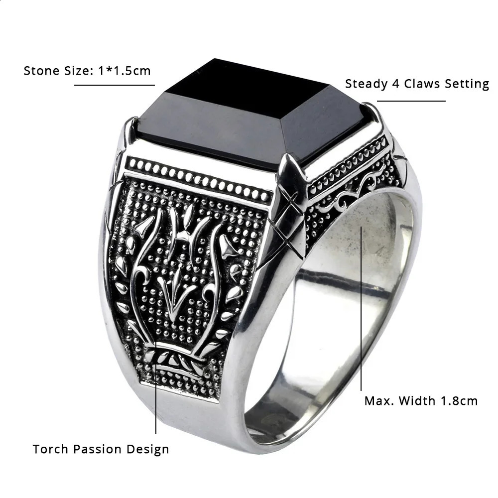 A genuine 925 sterling silver mens signature ring made of black agate natural stone vintage flowers carved punk rock and jewelry 240912
