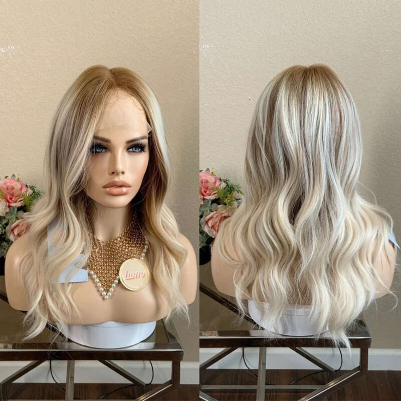 Lace Front Balayage Ash Blonde Highlights Synthetic Wig Heat Resistant Fiber Cosplay Halloween Wavy Wigs 10% Human Hair