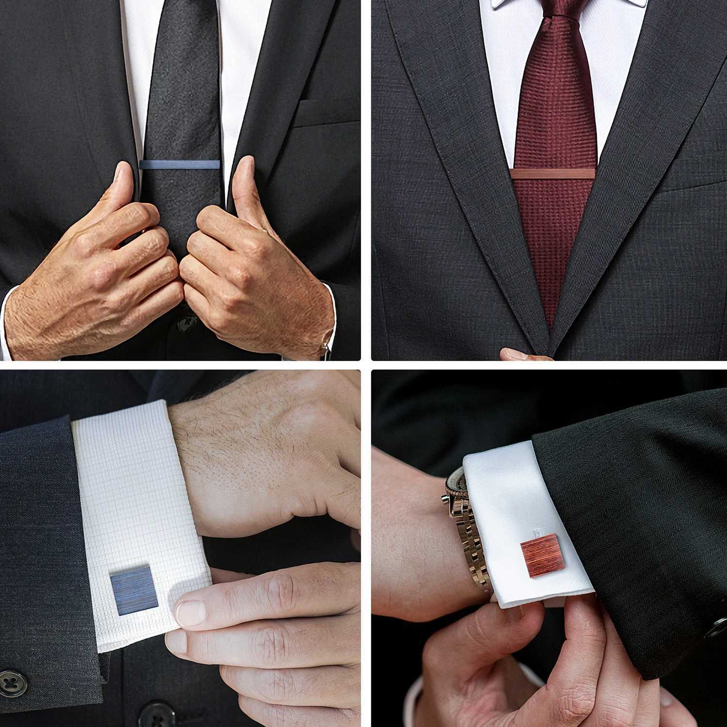 Wooden tie clip and cufflink set suitable for mens classic tie clip cufflink set copper tie rod brown blue tie collar pin jewelry gift W240914