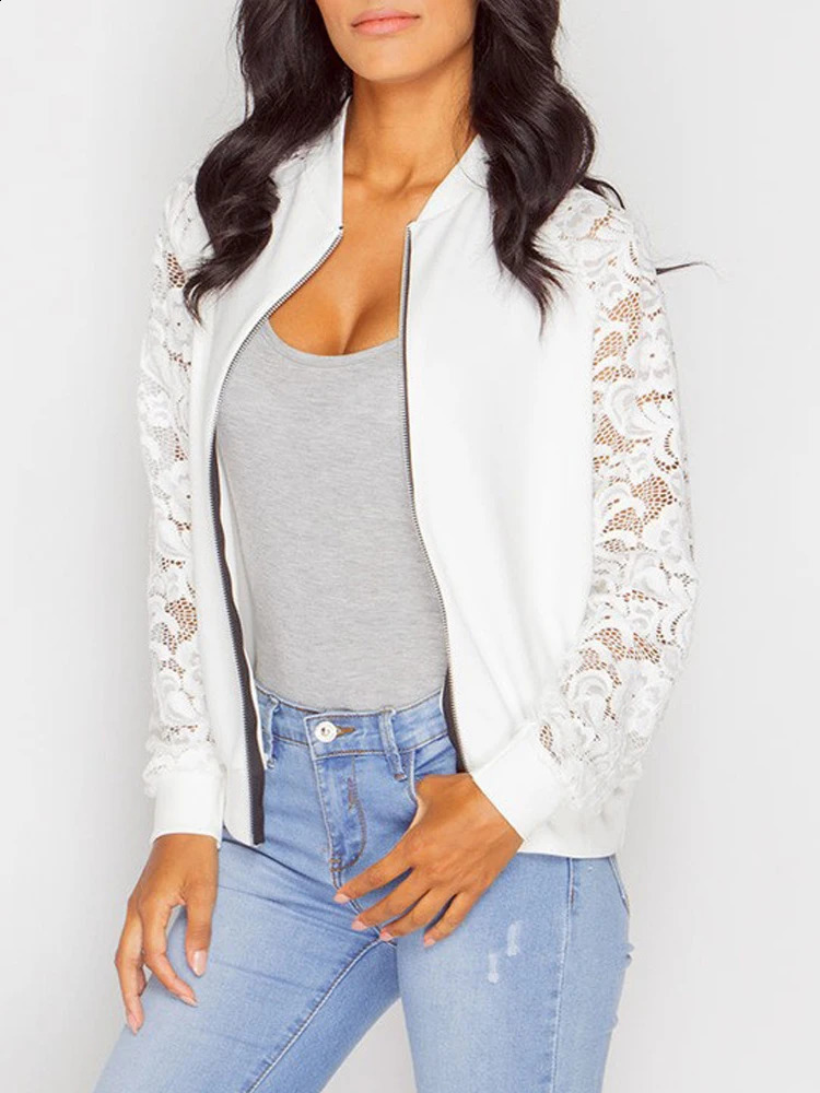 Womens Solid Casual Outwear Lace Long Sleeve Jacket Spring Autumn Elegant Zipper Coat Office Wear Slim 240910
