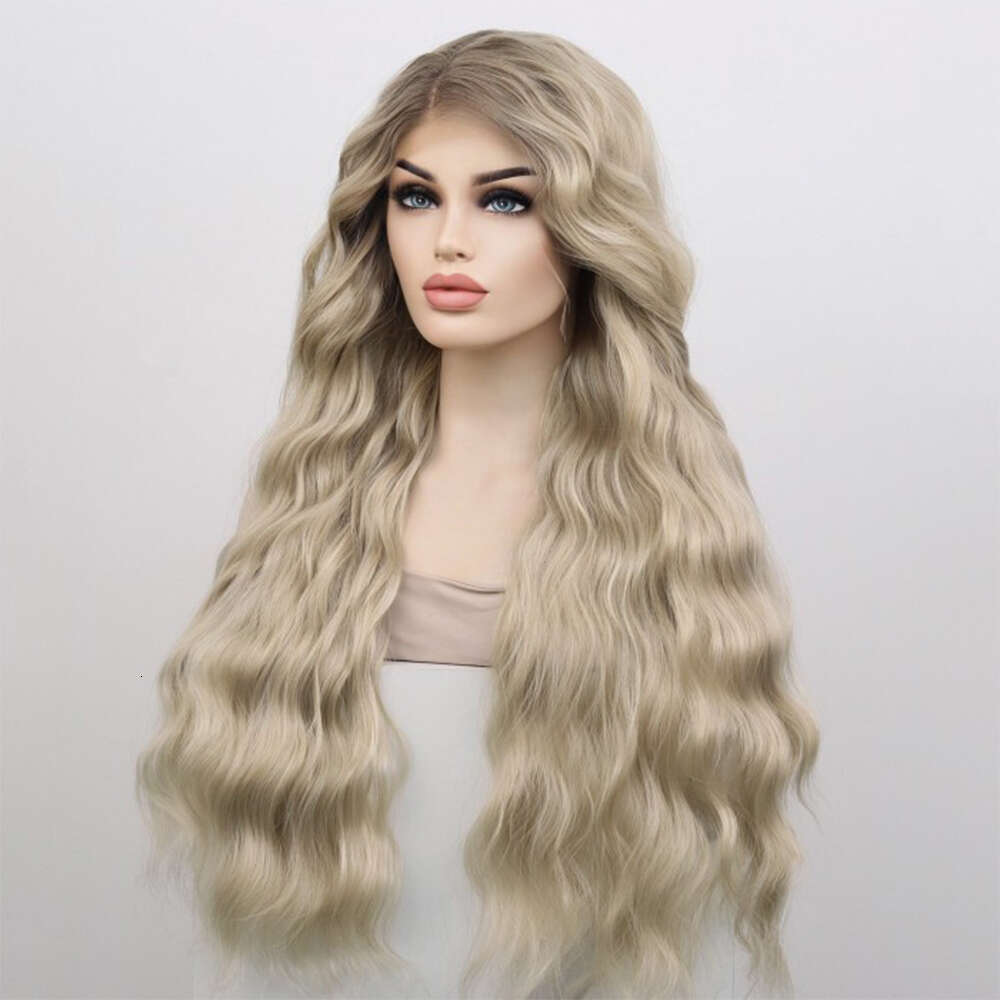 High-Quality Heat-Friendly Fiber Ombre Blonde Long Wavy Synthetic Lace Front Wig Dark Roots Human Hair Wigs Girl Lady Party Use