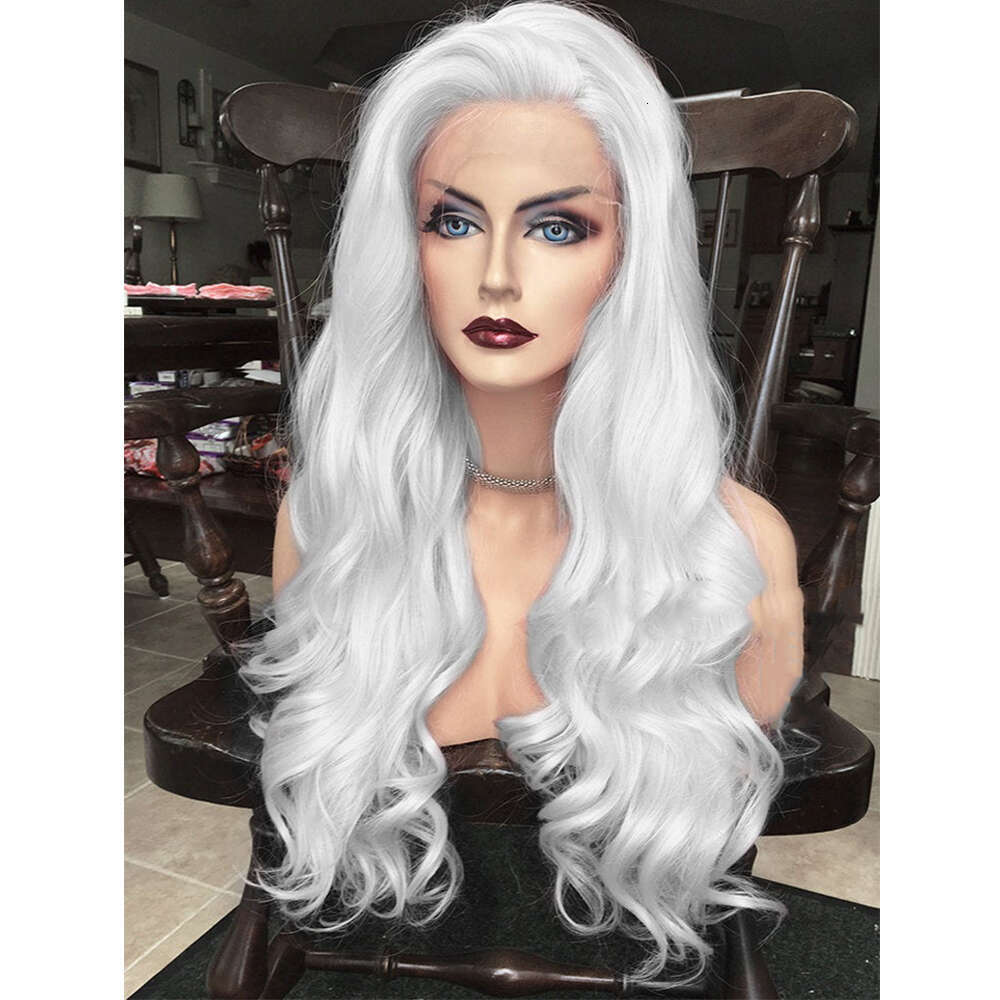 Premium Sier Front 26" Long Synthetic Wavy Heat Resistant Fibers Transparent Lace Wig Icy Blonde Human Hair Wigs