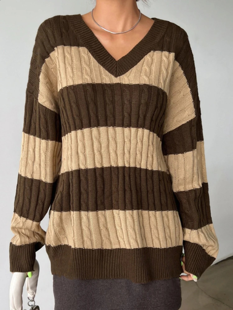 Suninbox Vintage V Neck Acrylic Knitted Sweaters Women Korean Fashion Long Sleeve Striped Sweater Pullover Autumn Winter Clothes 240904