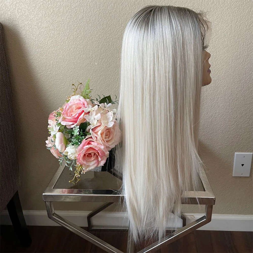 24'' Synthetic Platinum Blonde Ombre Straight 10% Human Hair Lace Front Wig Heat Resistant Fiber Daily Wear