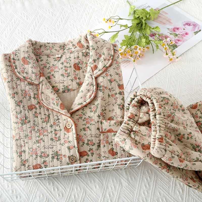 2023 New Women's Pamas Suit Thick Warm Cardigan Winter Pyjamas Sets Long Sleeve Wer Print Home Clothes Sleepwear