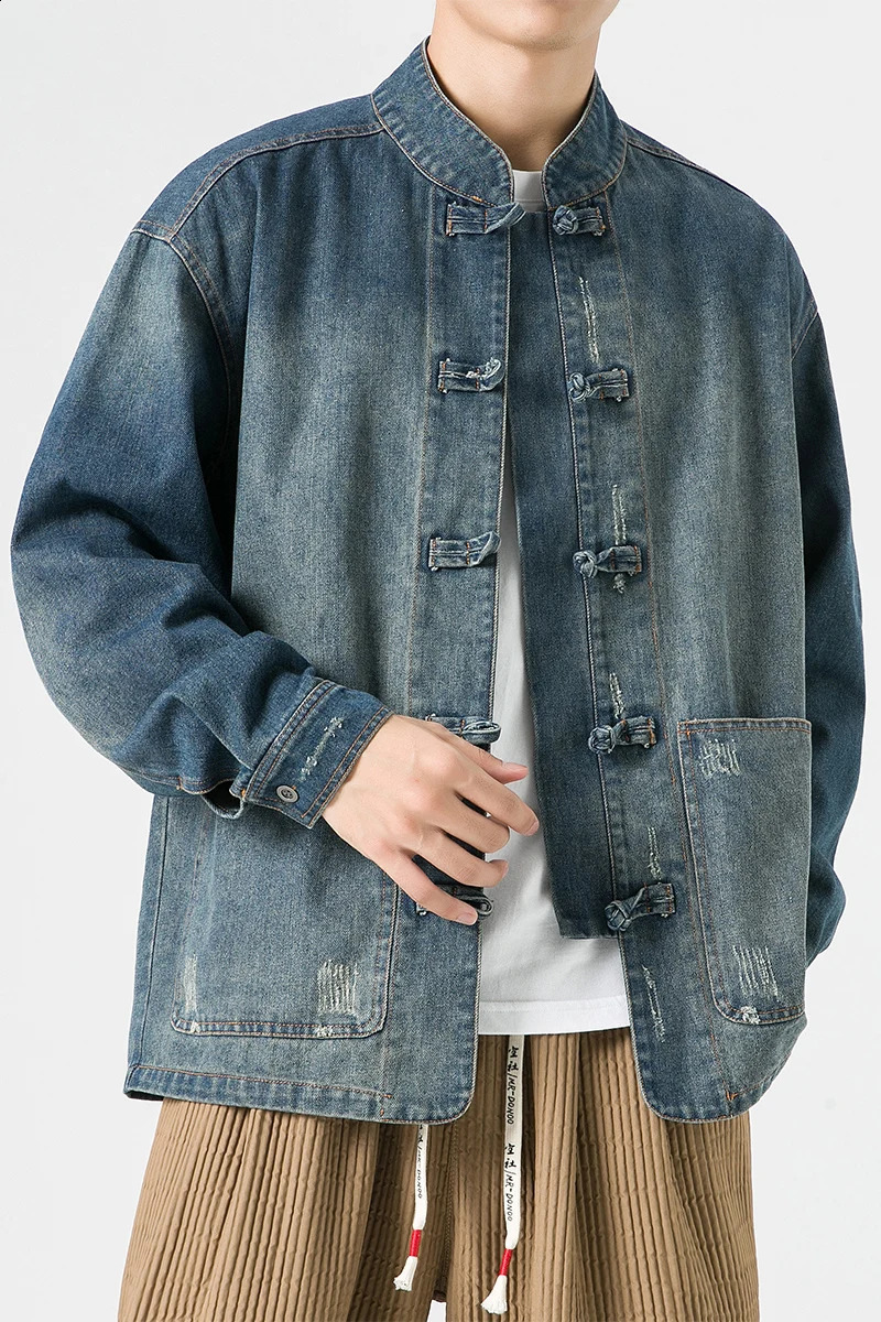 autumn mens Tang style clothing washed denim tops collar jackets casual cotton 240913