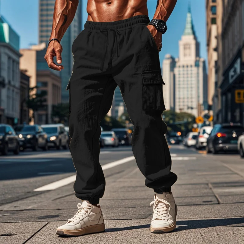 Autumn Daily Casual Breathable Cotton Pants Men Streetwear Fashion Multi Pockets Cargo Pants Vintage Mens Solid Color Pants 240913