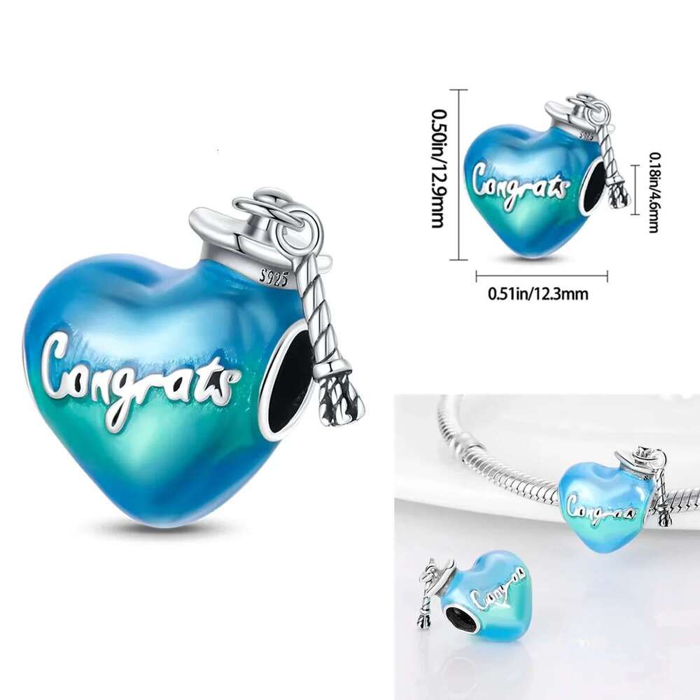 S925 Sterling Silver Graduation Season Series Colored Bachelor's Hat wer Charms Beads Fit Original Bracelets Jewelry