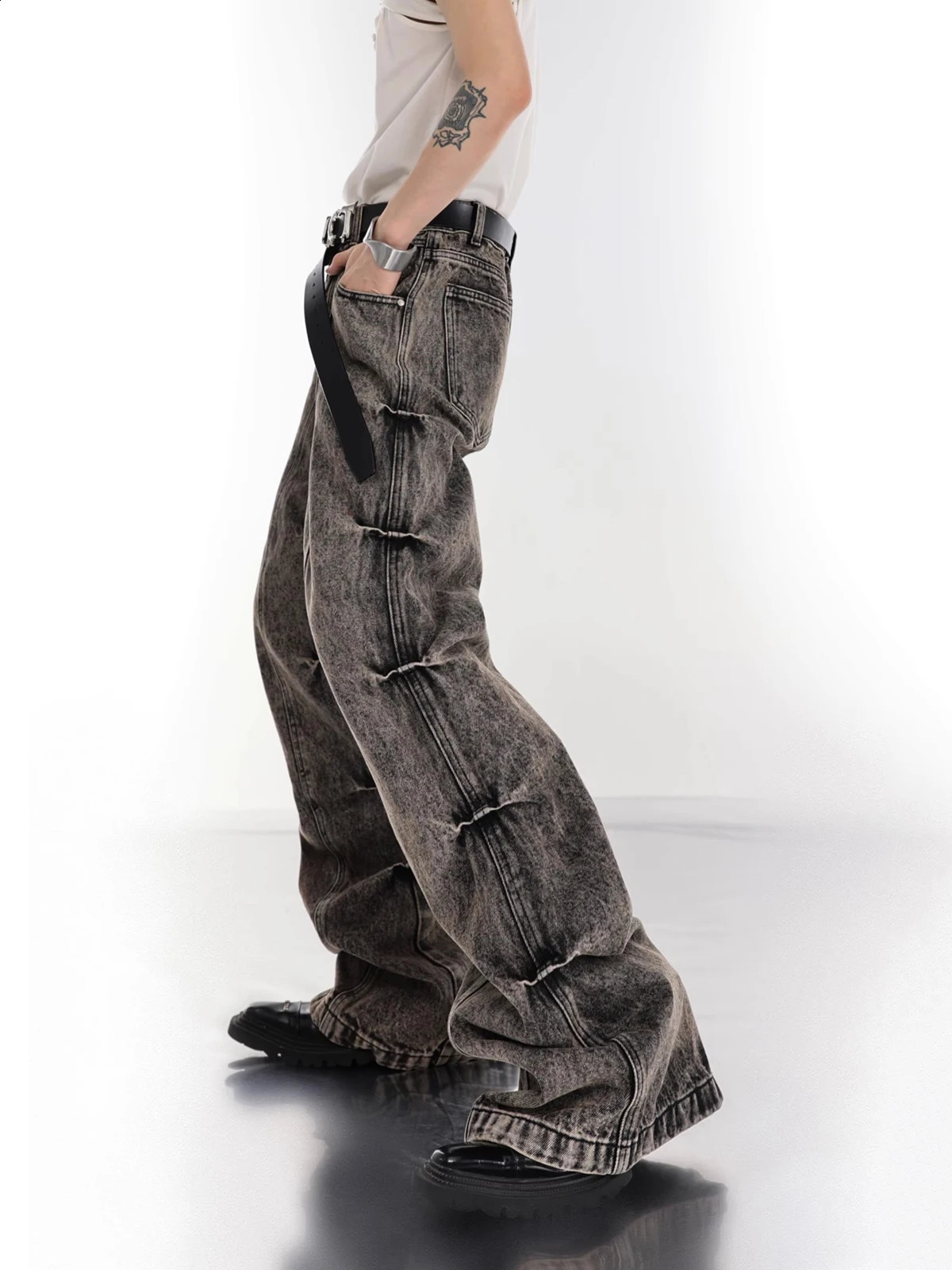 REDDACHIC Retro Gray Stacked Flare Jeans for Men Y2k Distressed Bootcut Pants Wide Leg Low Waist Bell Bottoms Emo Streetwear 240912