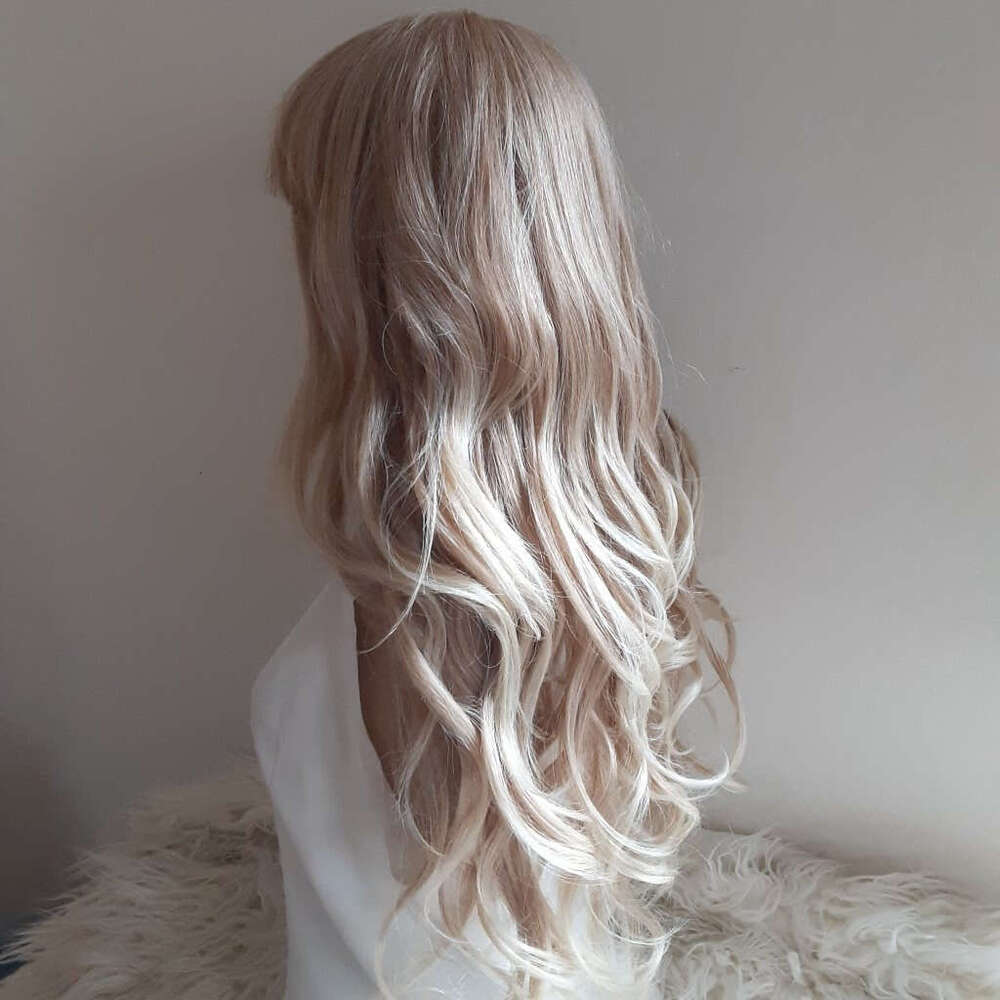 Human Hair Blended Synthetic Fiber Honey Blonde Highlights With Bangs Lace Front Wig Heat Resistant Loose Wave For Daily Use