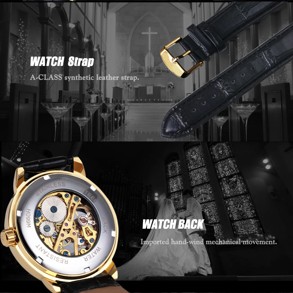 T-Winner Watch Gold Skeleton Watches Men Mechanical Hand Wind Wristwatches Reloj Hombre Relogio Masculino 240906