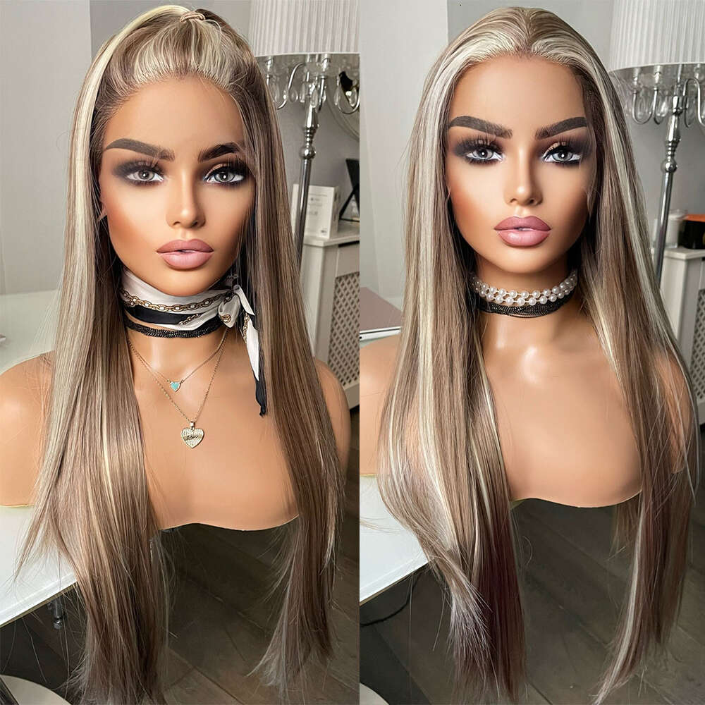 Bronze Brown Wig With Blonde Highlights Heat Resistant Synthetic Long Silky Straight Lace Front Beginner Friendly Wigs