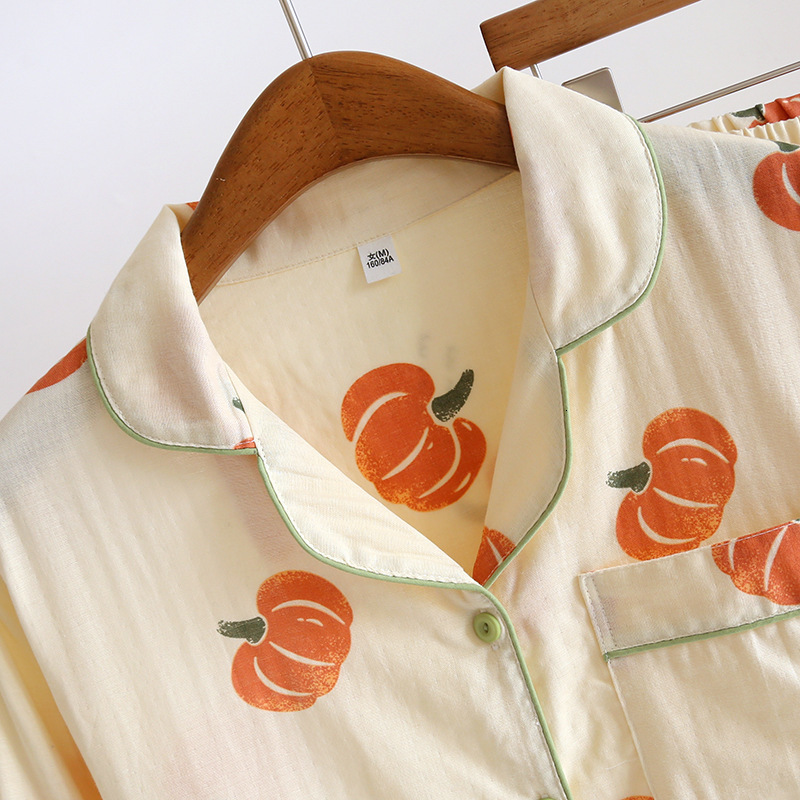 Pumpkin Print Pama Set - Women's Long Sleeve Cotton Trousers With Double Layer Gauze Thin Cardigan For Comfortable Homewear