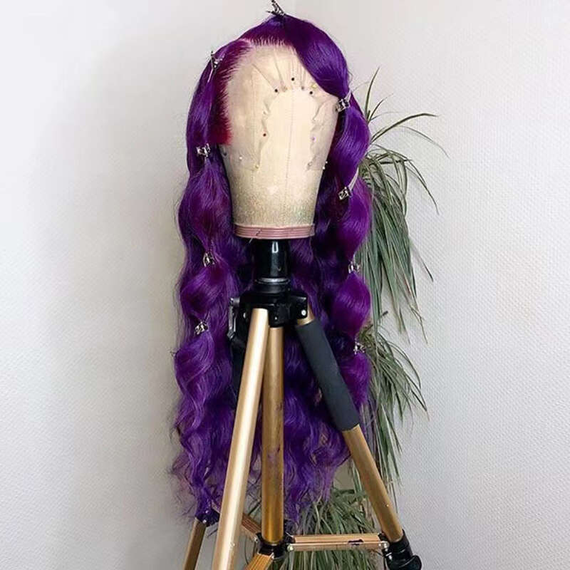 AIMEYA Fashion Body Wave Synthetic Lace Front Wigs For Women Heat Resistant Fiber Hair Long Purple Wig Daily Use