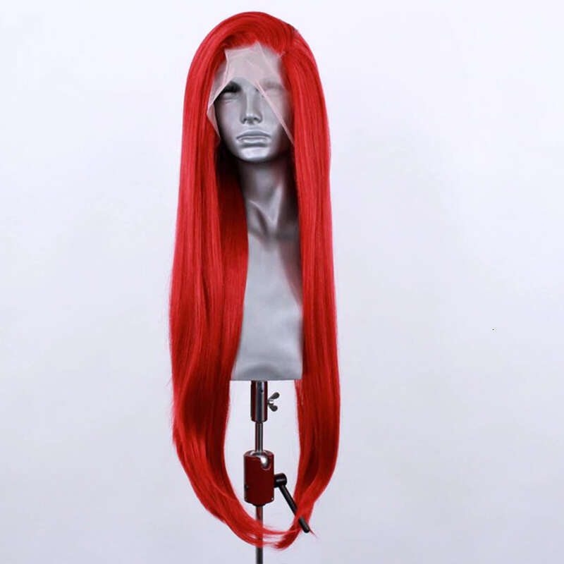 Bright Red Sythetic Front Silky Straight 10% Human Hair Lace Frontal Wig For Women Natural Haire Daily Wear