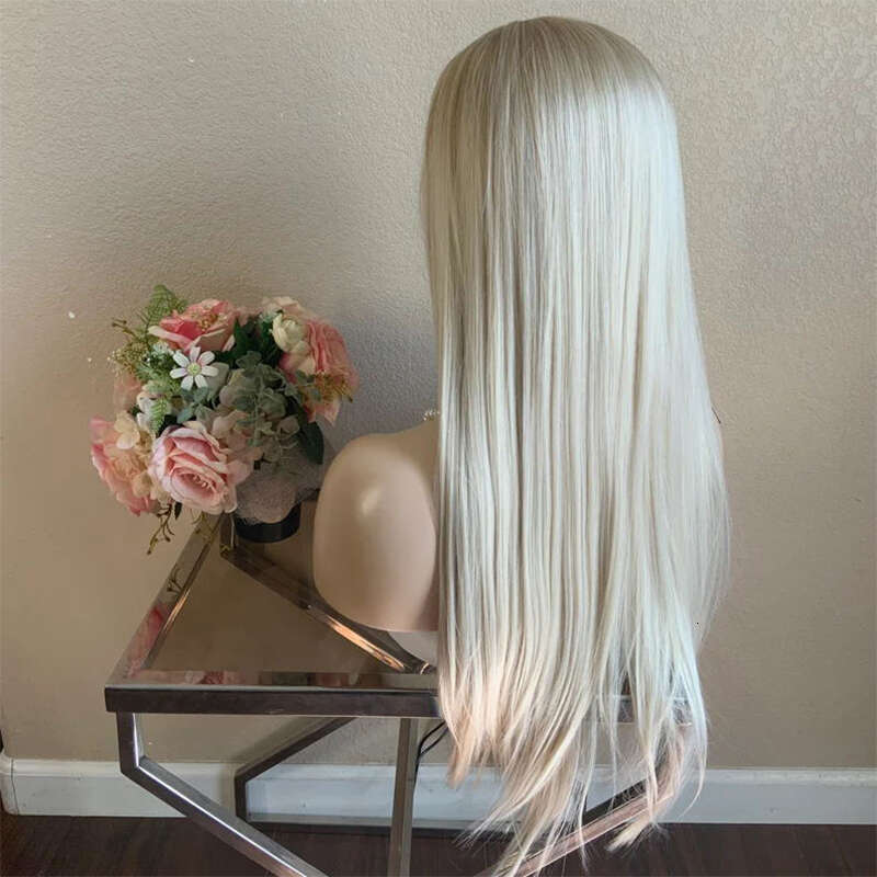 Ash Blonde Synthetic Front For Women #60 Long Straight 26" Pre Plucked 30% Human Hair Heat Resistant Lace Wig Daily Use