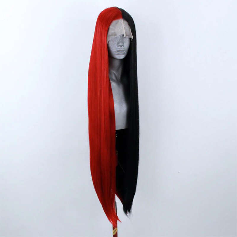 Red Half Black 10% Human Hair Straight Front Heat Resistant Synthetic Lace Frontal Wig Cosplay