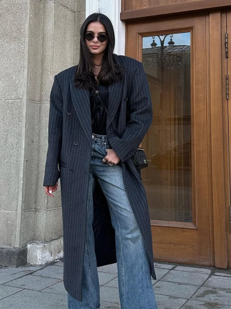 Fashion Dark Grey Stripe Lapel Double Breasted Overcoat Women Full Sleeve Loose Long Coat Autumn Winter Lady Commute Jacket 240911