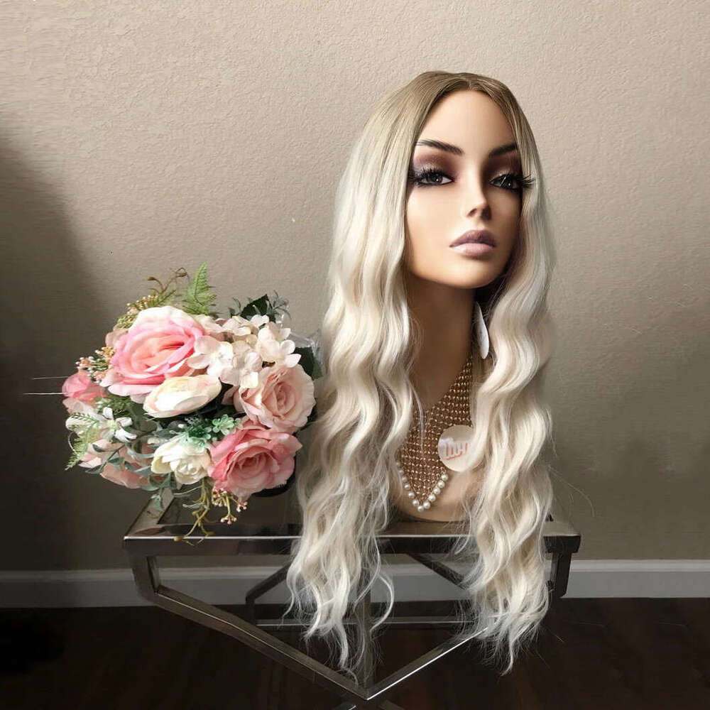 26'' Ombre Platinum Blonde Loose Wave Heat Resistant Synthetic Lace Front Wig For Women 10% Mixed Human Hair Wigs Dailly