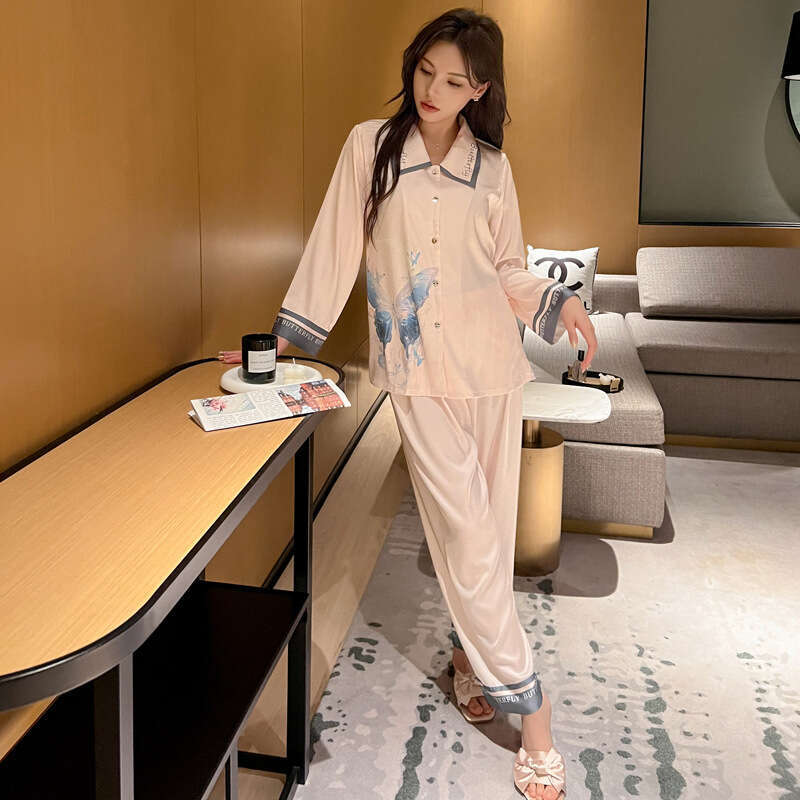 Fashionable Ice Silk Pama Women's Spring Summer Long Sleeve Satin Trousers Lapel Butterfly Print Breathable Pyjamas Sets