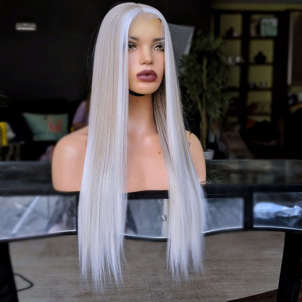 Human Hair Blended Synthetic Straight Creamy Blonde Highlights Front Wig 26" 150% Density Transparent Lace Daily/Party