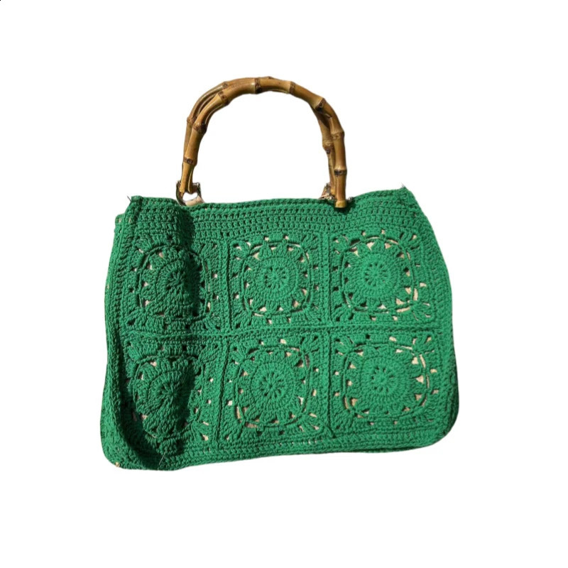 Retro bamboo handbag womens crochet hook large capacity handmade hollow beach bag casual summer 240913