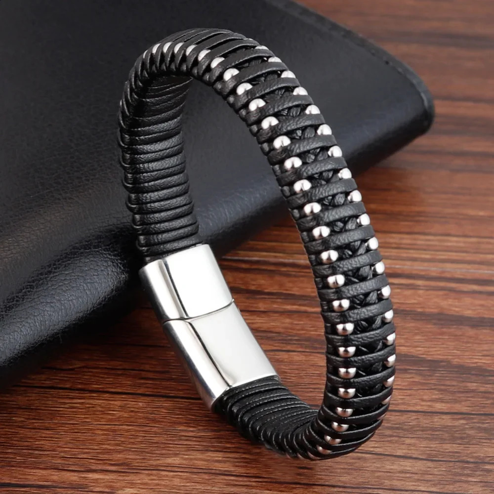 Woven rope woven black leather mens bracelet punk style stainless steel bracelet used for friends charm fashion jewelry gifts 240914