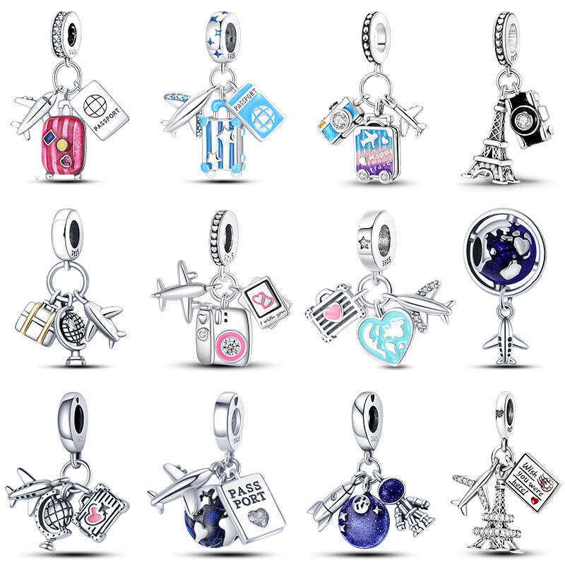 925 Sterling Silver Airplane Passport Suitcase Travel Charms Beads Fit Original Bracelets DIY Birthday Jewelry