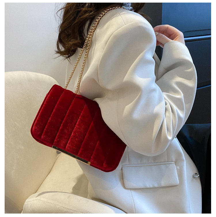 Bags Velvet Small Square 2024 Spring New Impression Gold Chain Single Shoulder Crossbody Bag Solid Color Handbag