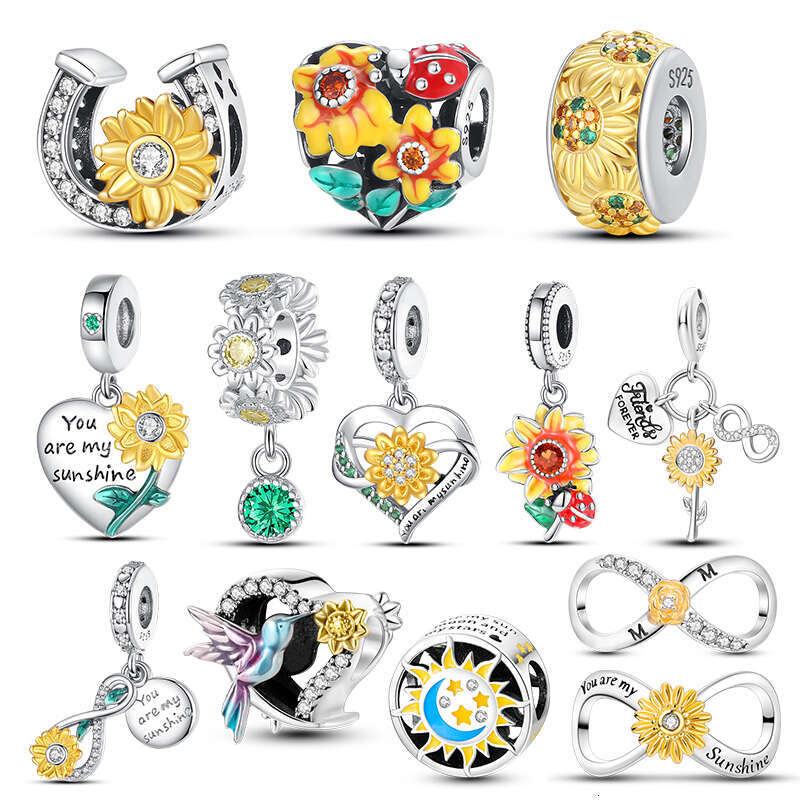 925 New Sterling Silver Fashion Golden Suowers Heart Charms Beads Fit Original Bracelets Party DIY Jewelry