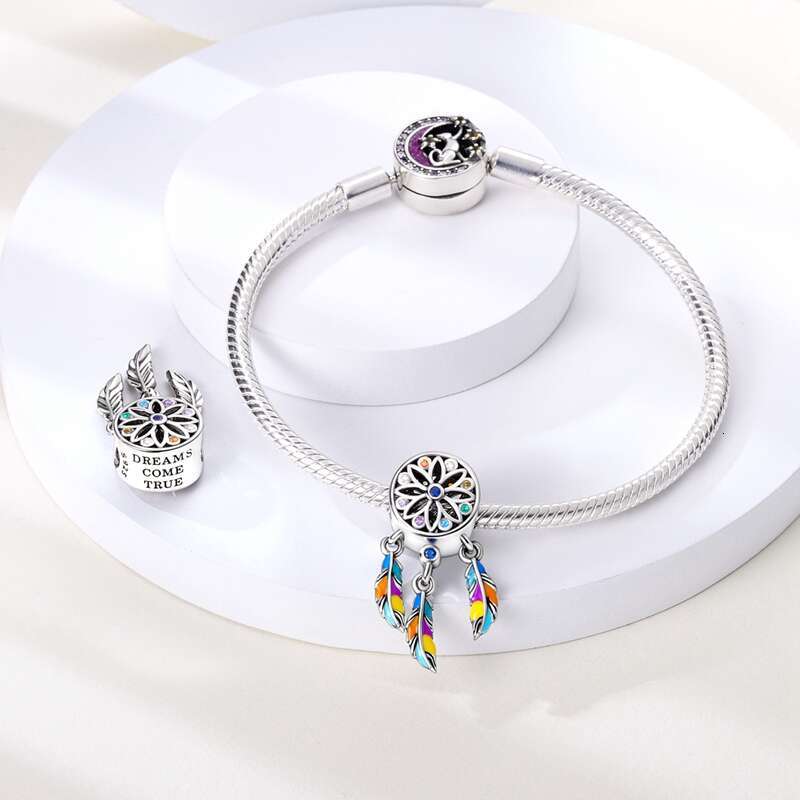 925 Sterling Silver Feather Colorful Dreamcatcher Charms Pendants Fit Original Bracelets DIY Jewelry
