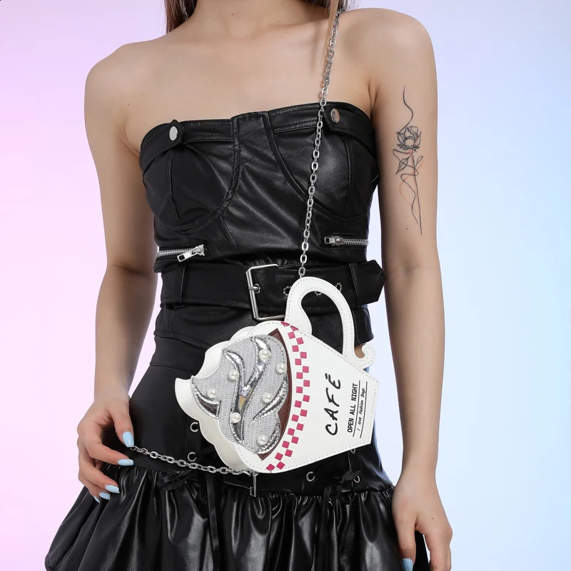 Cute coffee cup creative cross shaped bag suitable for women trendy and interesting handbag and wallet letter graffiti leather shoulder bag mini 24091