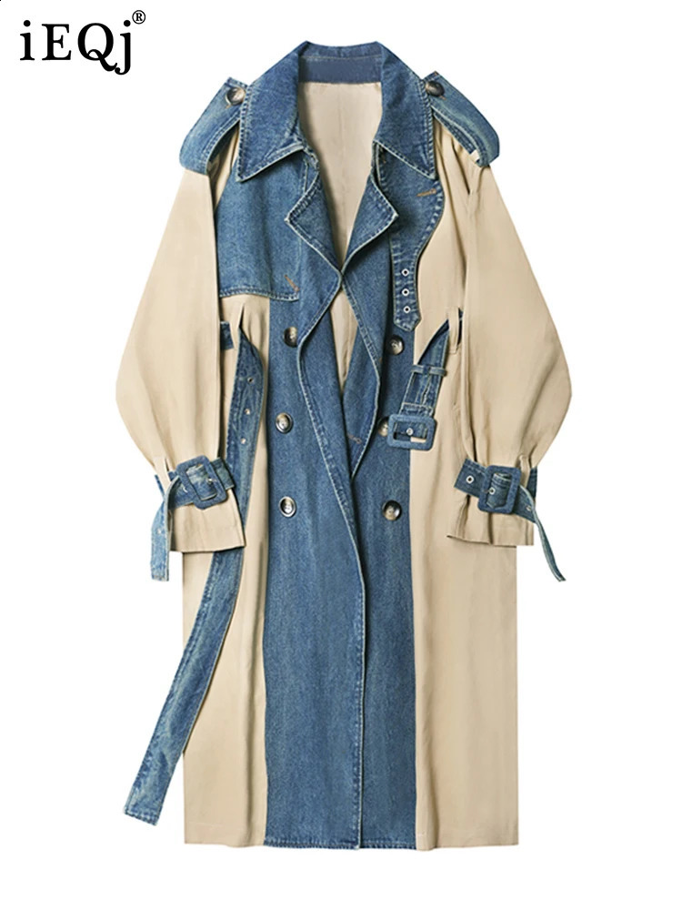 IEQJ Womens Trench Coat Denim Stitching Lapel Double Breasted Bandage Loose Windbreaker Spring Female Clothing 3W6304 240913