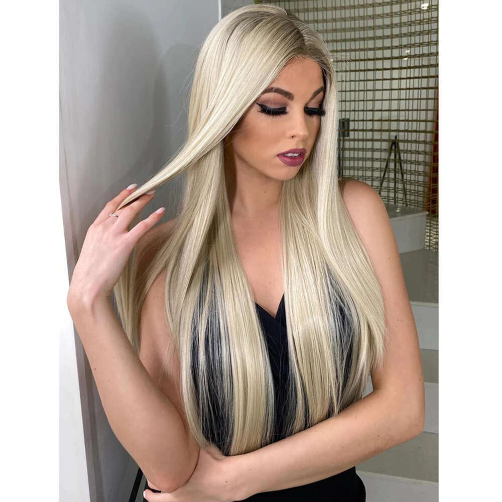 Soft Highlight Synthetic 13X4 Straight Heat Resistant Glueless Lace Front Wig For Women Daily Use 28" Blonde Root
