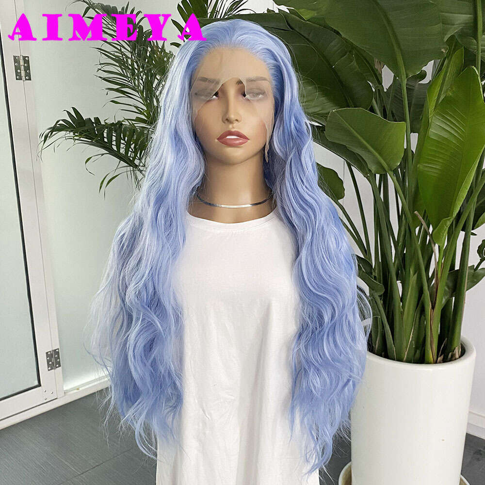 Light Blue Synthetic Front For Women Natural Haire Lace Wigs Loose Curly Wig Daily Use Cosplay Heat Resistant Fiber